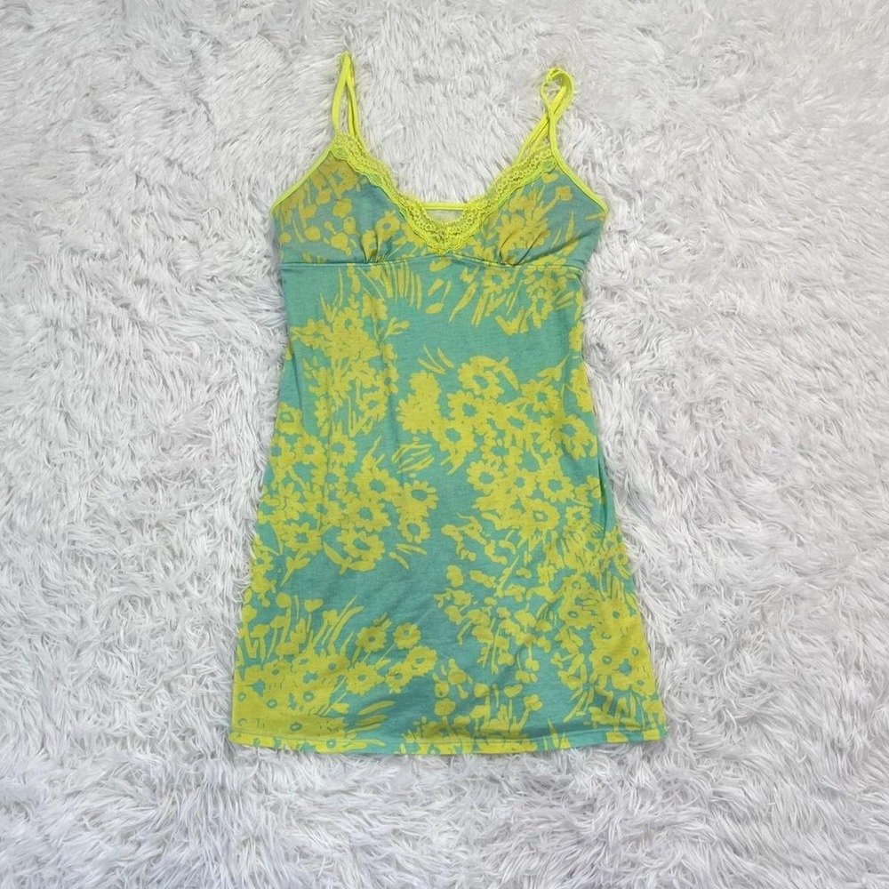 y2k teal & yellow lace trim baby doll top/mini dress xs
